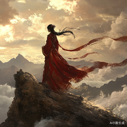 女孩在山峰上穿战国袍裙摆随风飘扬