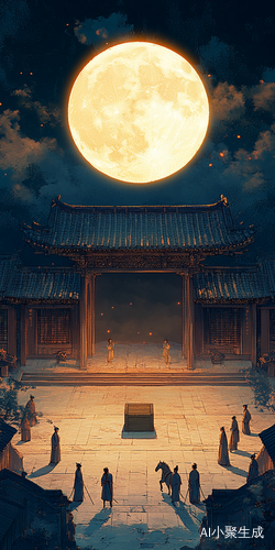 俯视中式戏剧舞台的动漫插图与月光映衬的千年美学