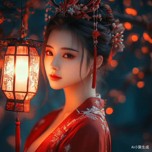 星空下提灯汉服新娘红衣美人霓裳绝艳