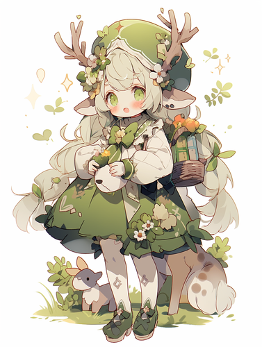 小女孩装饰树叶和鹿角手托小鸟的画面