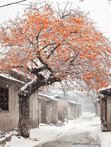 江南小镇雪中柿子树的唯美摄影