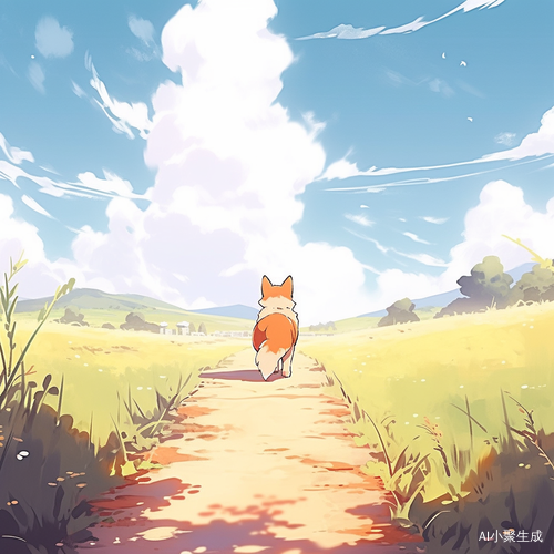 晴朗天气下小柴犬走在石头路上的背影
