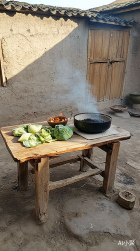 70年代农村院子里的简陋厨房与柴火做饭场景