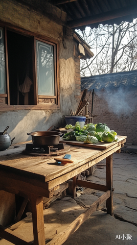 70年代农村院子里的简陋厨房与柴火做饭场景