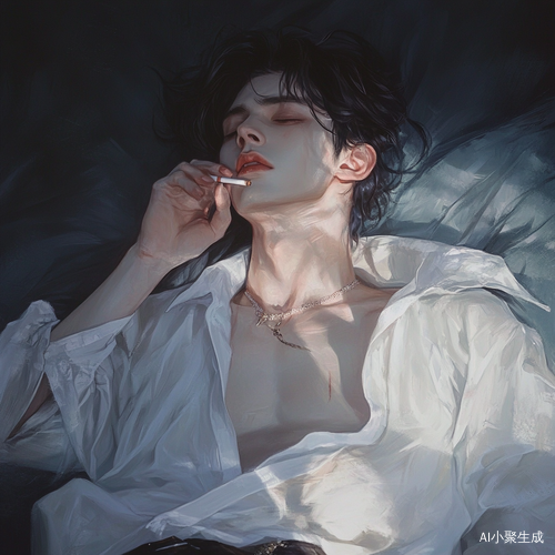 夜晚王俊凯身着白衬衫闲适躺床吸烟