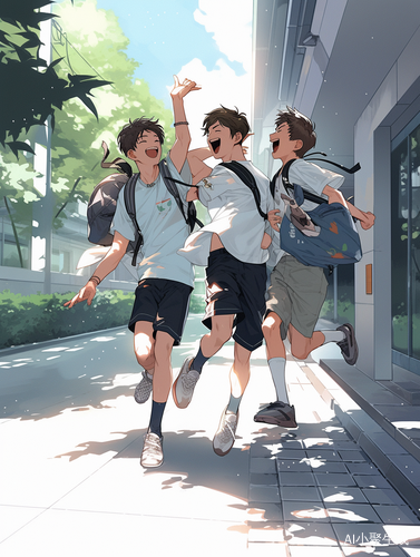 大学校园中的可爱阳光少年男同四人玩闹
