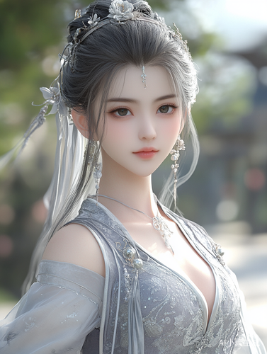 银灰色古装女子仙境般的唯美画面