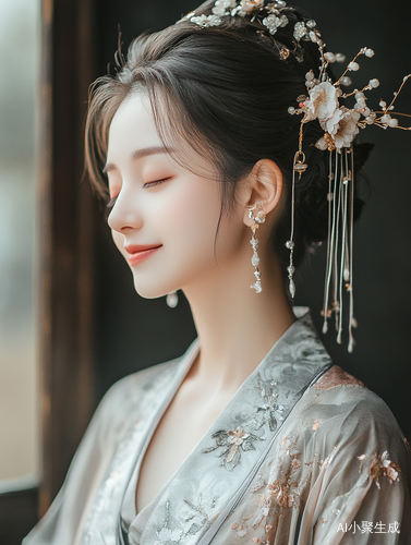 银灰色古装女子仙境般的唯美画面