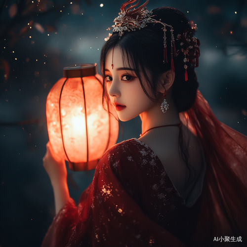 红衣汉服新娘在星空下提灯缓步而来