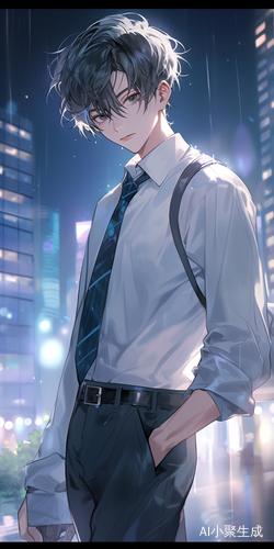 帅气个性动漫男生梦幻城市夜景中展现青春活力