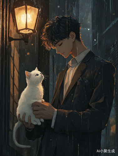 动漫男主西装抚摸白猫在路灯下
