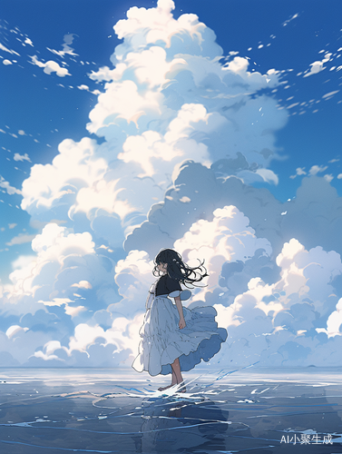 女孩赤脚走海面双手背后翻涌彩云背景