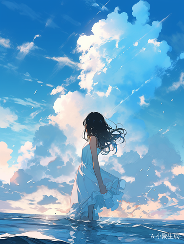 女孩赤脚走海面双手背后翻涌彩云背景