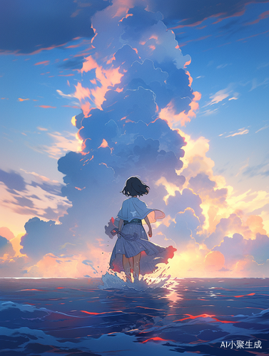 女孩赤脚走海面双手背后翻涌彩云背景