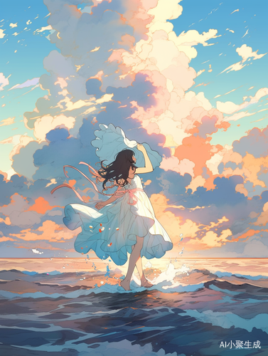 女孩赤脚走海面双手背后翻涌彩云背景