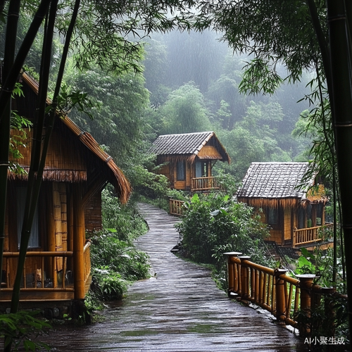 竹林雨中小木屋的自然舒适惬意