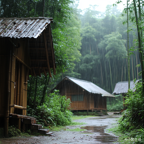 竹林雨中小木屋的自然舒适惬意