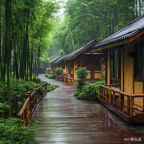 竹林雨中小木屋的自然舒适惬意