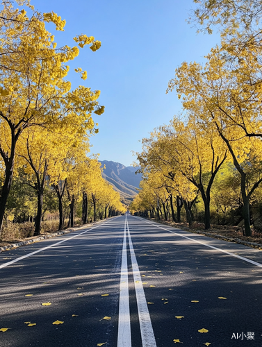 秋天公路两旁金黄银杏树的写实风景