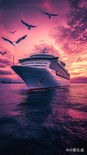 Cruise Ship and Seagulls Under Colorful Sunset Sky