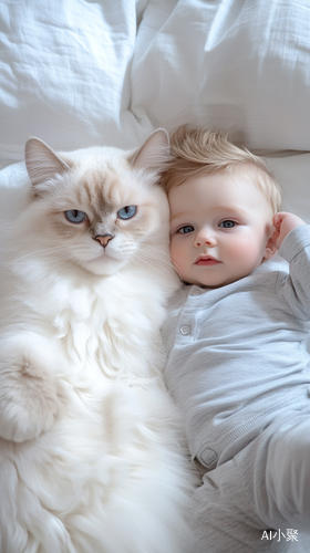 Cuddly Ragdoll Cat and Baby Boy Sleeping Together