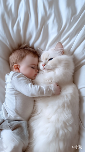 Cuddly Ragdoll Cat and Baby Boy Sleeping Together