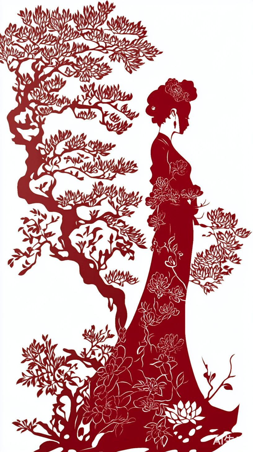 中国剪纸风格簪花全身写真矢量剪影