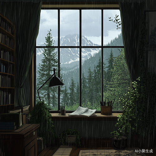 书房中的宁静雨景与山林背景