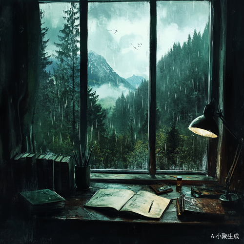 书房中的宁静雨景与山林背景