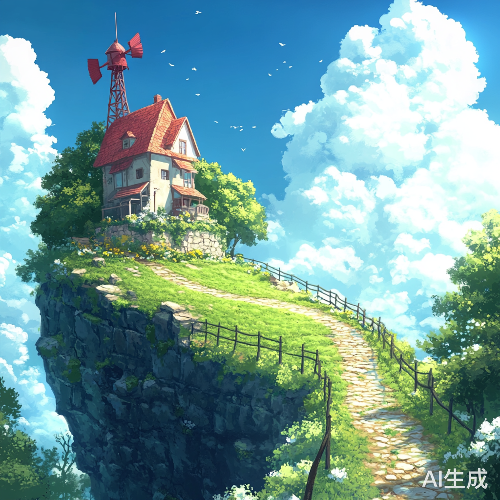 悬崖边小房子的蓝天白云与美丽风景