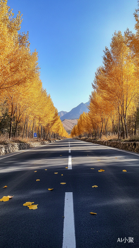 秋天公路两旁金黄银杏树的写实摄影