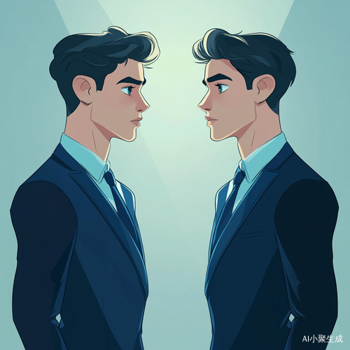 两位蓝色西装漫画青年男性面对面站立