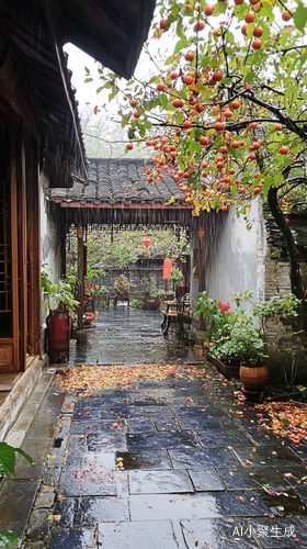 江南民居雨后桃花香与柿子树的烟火生活