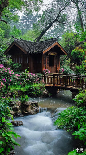 宁静木屋与小桥流水的绿植花卉风景