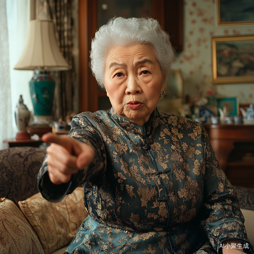 时尚中国老妇人在客厅怒目而视