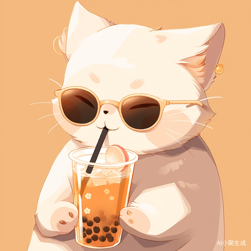 萌猫咪戴太阳镜喝奶茶悠闲插画