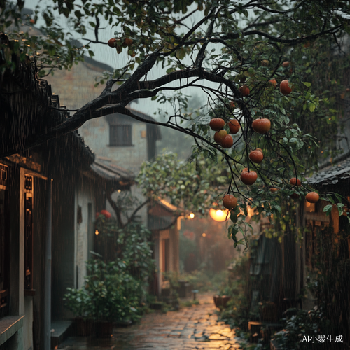 秋天傍晚江南小院阴雨中柿子熟了