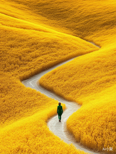 Young Woman in Green Suit Walking Through Vibrant Yellow Grass Fields