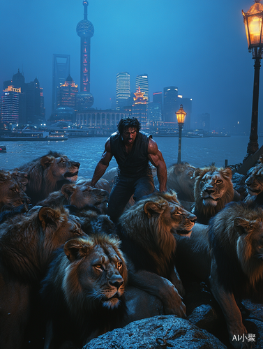 Stallone Escapes Lions Photorealistic Night Scene at Shanghai Bund