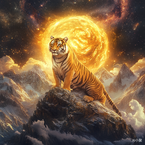 Energetic Golden Yellow Tiger on Mountain Top at Sunrise