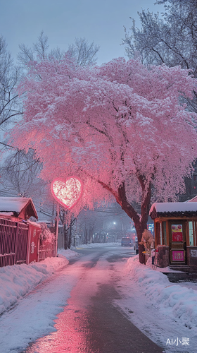 北京街道白雪覆盖的温馨胡同与心形树