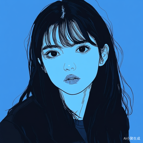 黑长直高冷青年女性蓝色调漫画形象