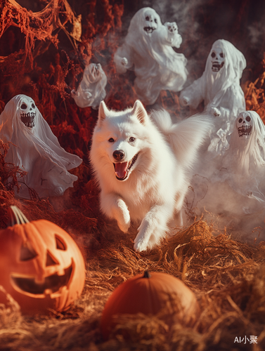 Samoyed Dog Running from Ghosts on Halloween Night