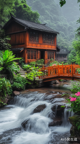 小桥流水环绕的郁郁葱葱木屋风景