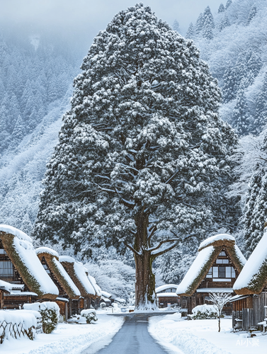 大树与茅草屋在厚雪覆盖下的宁静冬景