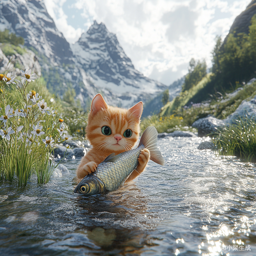山间清流中的小橘猫与大鱼的美丽瞬间