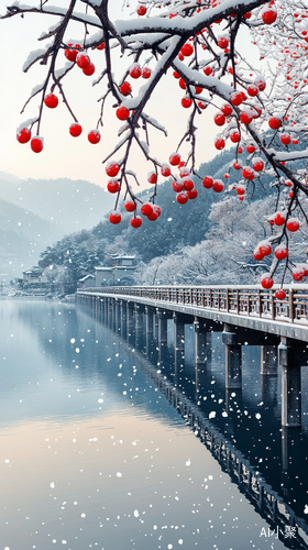 冰封湖面上的红梅桥极简主义东方美学全景