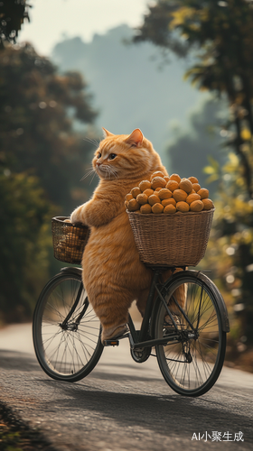 可爱大橘猫骑车下坡运荔枝的超现实画面