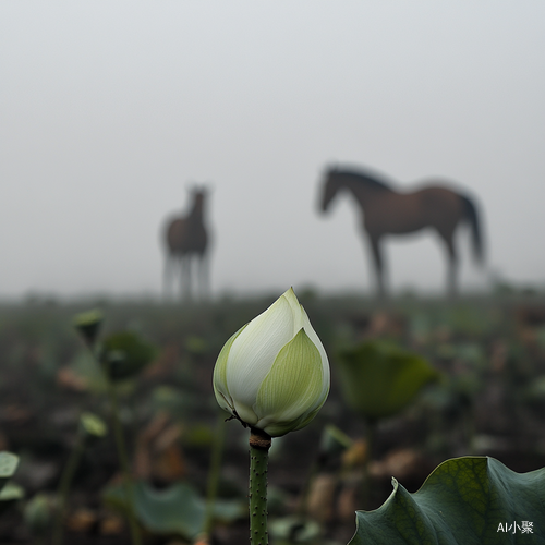 白莲花蕾与马的剪影构成的平静氛围