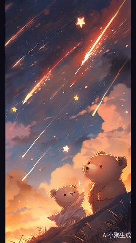 梦幻星空中小熊驾驶火箭穿梭彩色尾焰